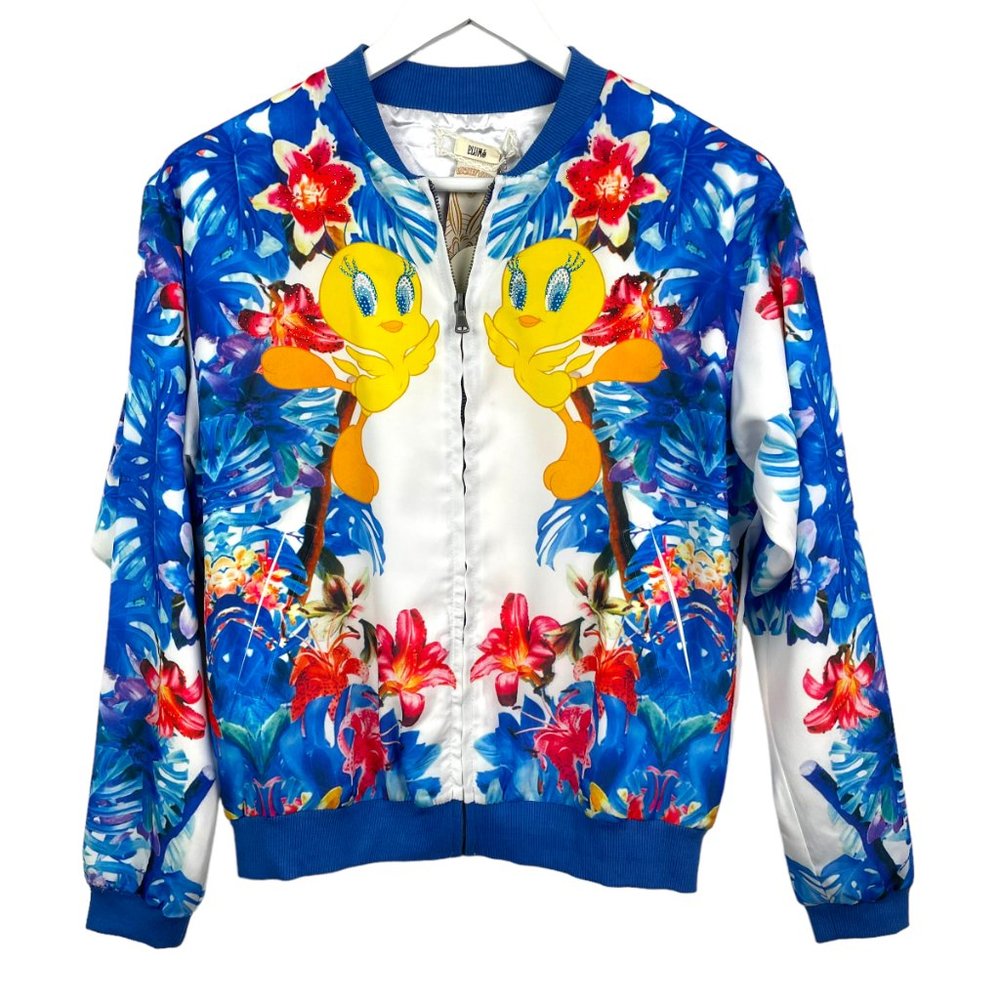 Plums Looney Tunes Jacket Womens XS Blue Tweety Bird Bomber Full Zip Front
